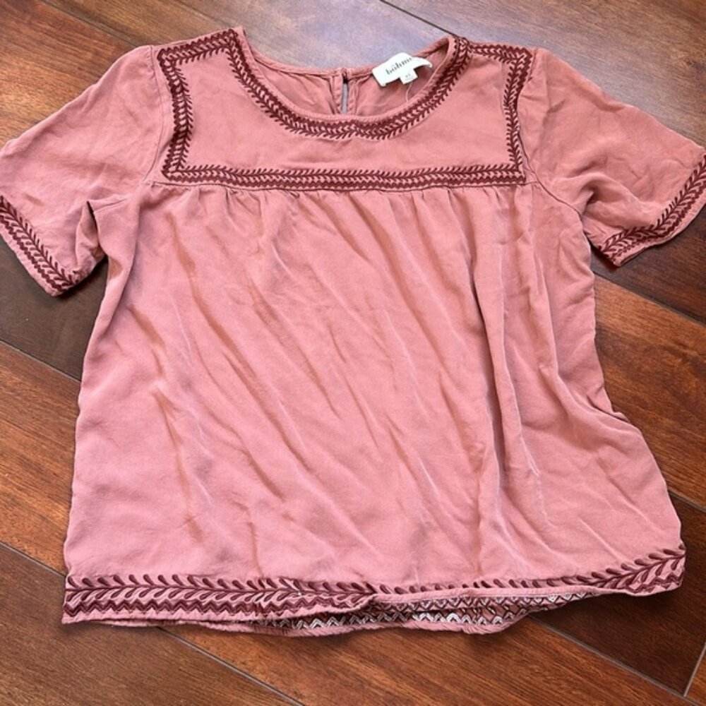Boheme Embroidered Short Sleeve Shirt XS Dusty Rose